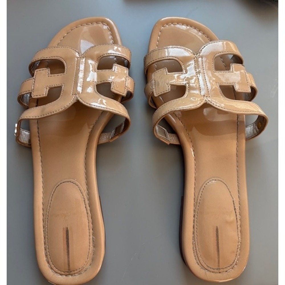 Sam Edelman Bay Patent Leather Logo Slide Sandals Tan Nude Womens 8M